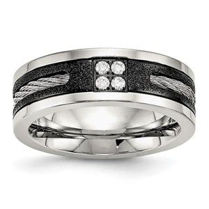 Stainless Steel Polished Black IP Laser Cut with Cable Inlay and CZ 8mm Band